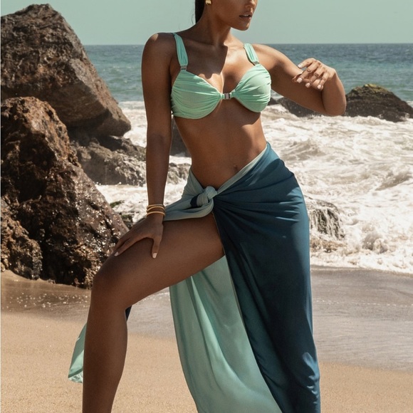 NEW JLUXLABEL Light Blue High Tides Bikini Mesh Ruched Top - Picture 12 of 16